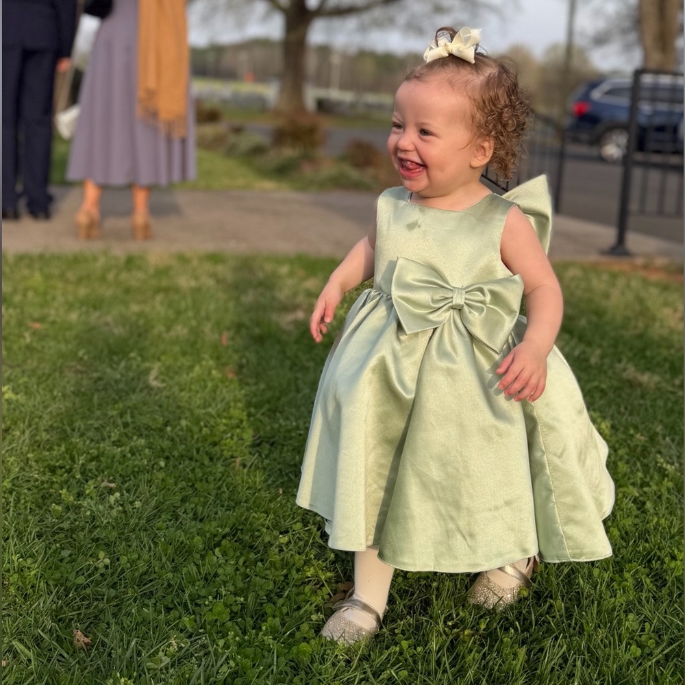 Girls' Olive Green Satin Bow Formal Dress - Picture 3 of 4